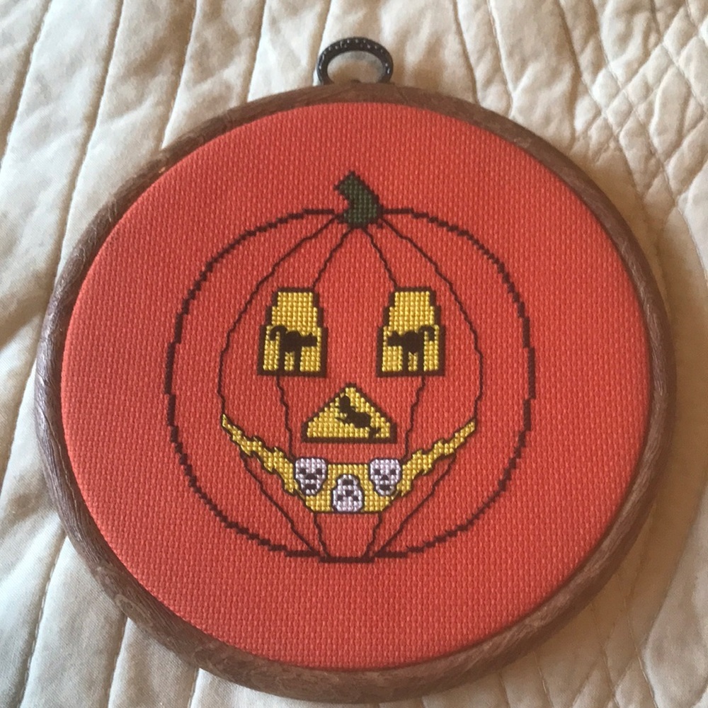 Handmade Embroidered Cross Stitch Jack-O-Lantern Halloween